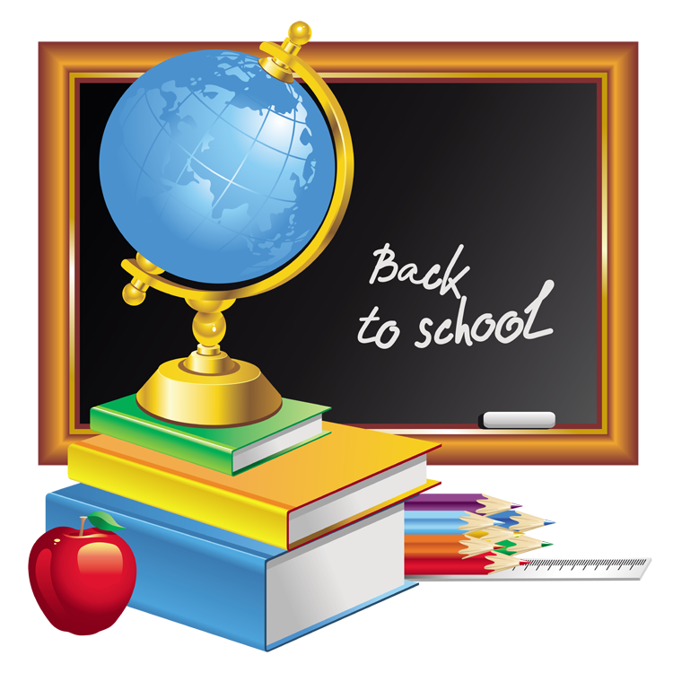 Fournitures Scolaires - Clipart - Tableau - Globe - Crayons